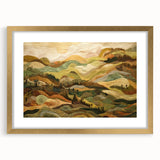 Extra large abstract art print depicting textured fall scenery in muted orange and brown tones, framed in gold.