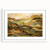 Abstract art print of autumnal trees in orange and red shades, framed in white, ideal for dining room decor.