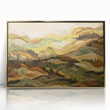 Large art print of a mid-century modernist autumn scene in warm gold tones, framed acrylic, ideal for modern art wall decor.