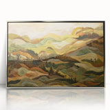 Mid-century modernist art depicting an abstract fall landscape in warm orange and brown tones, framed in silver acrylic.