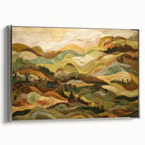 Vintage landscape art painting on framed canvas, featuring a colorful autumn scene with silver frame.