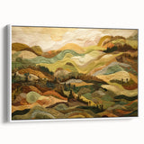 Vintage poster art of a fall scene on framed canvas, featuring muted earth tones, ideal for living room decor.