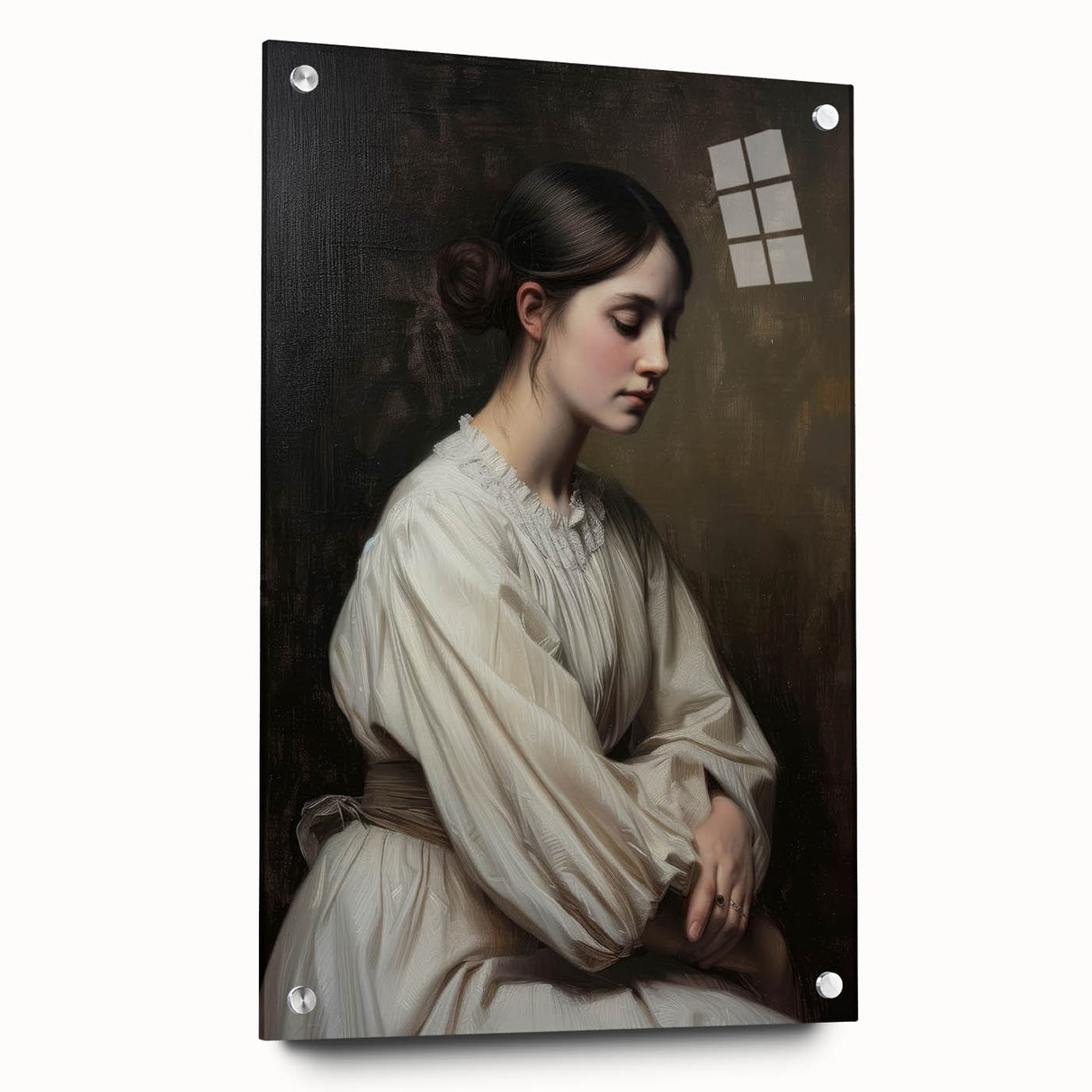 Abstract figurative acrylic artwork displayed in a side view, showcasing vivid colors and dynamic shapes with decorative pins, ideal for modern art enthusiasts.