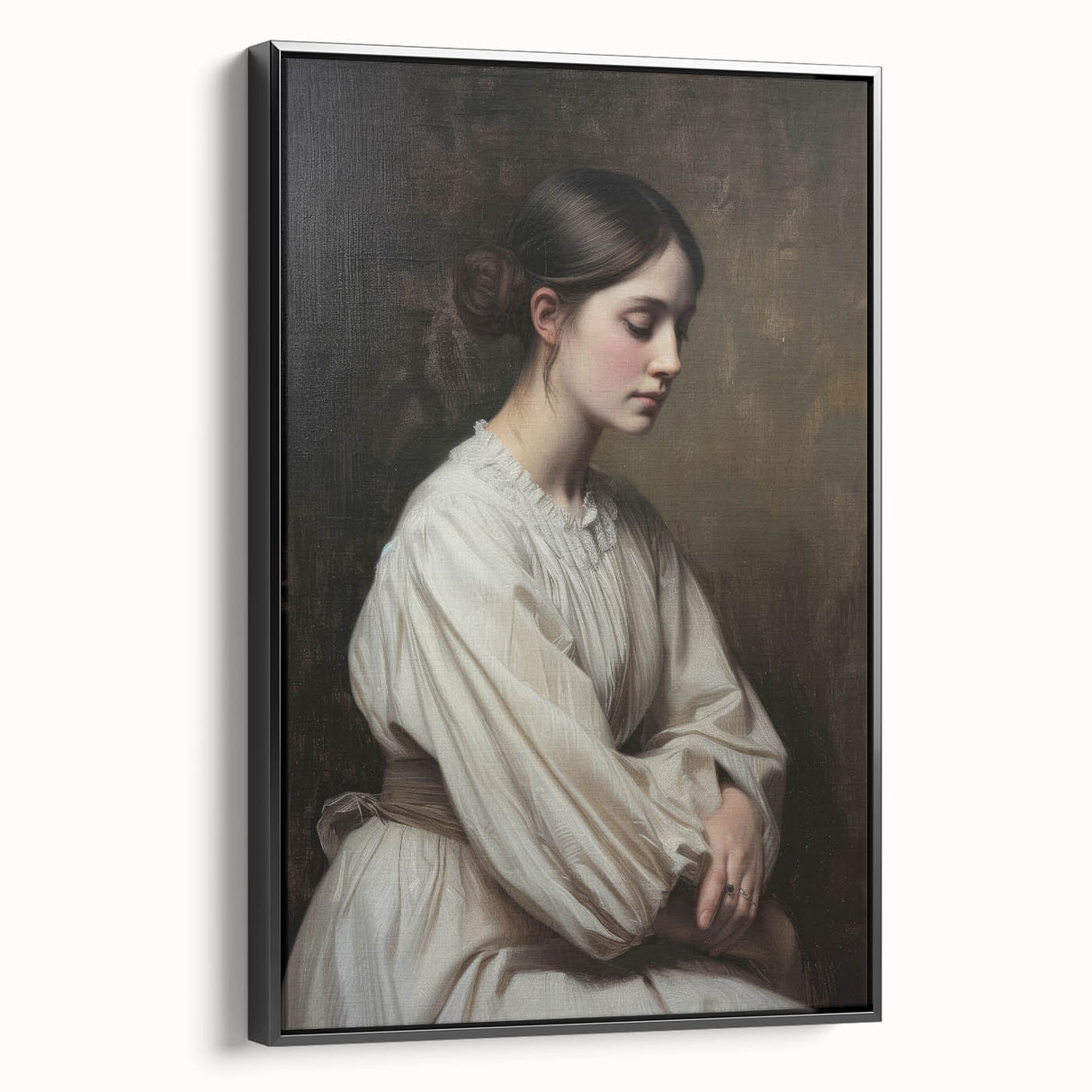 Framed abstract figurative canvas art in black, showcasing a modern design with fluid shapes and textures, ideal for contemporary home decor.