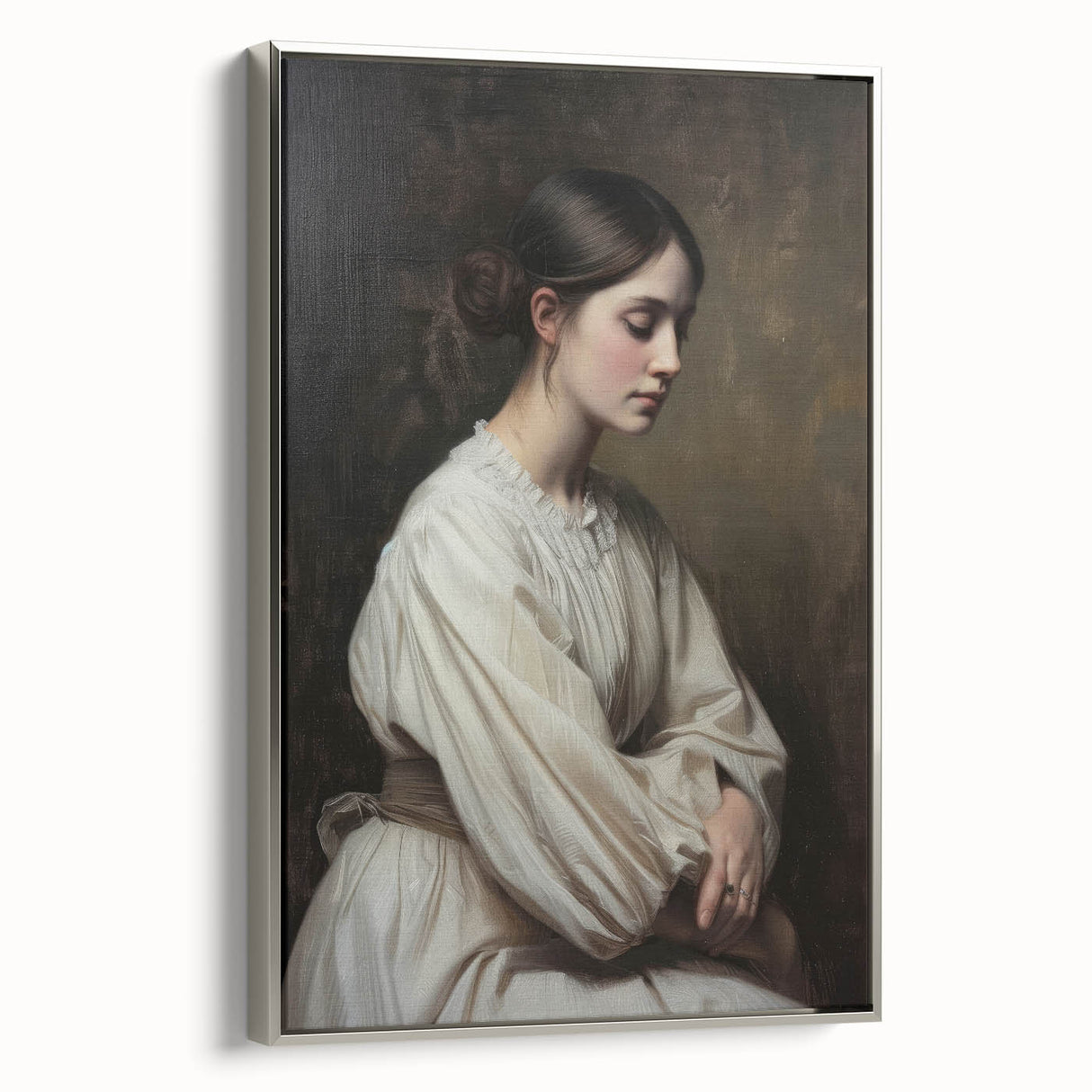 Abstract figurative framed canvas artwork with a silver frame, showcasing dynamic shapes and colors, ideal for modern decor and art enthusiasts.