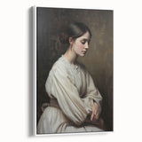 Abstract figurative framed canvas artwork showcasing dynamic shapes and muted colors, elegantly displayed in a white frame, perfect for modern home decor.