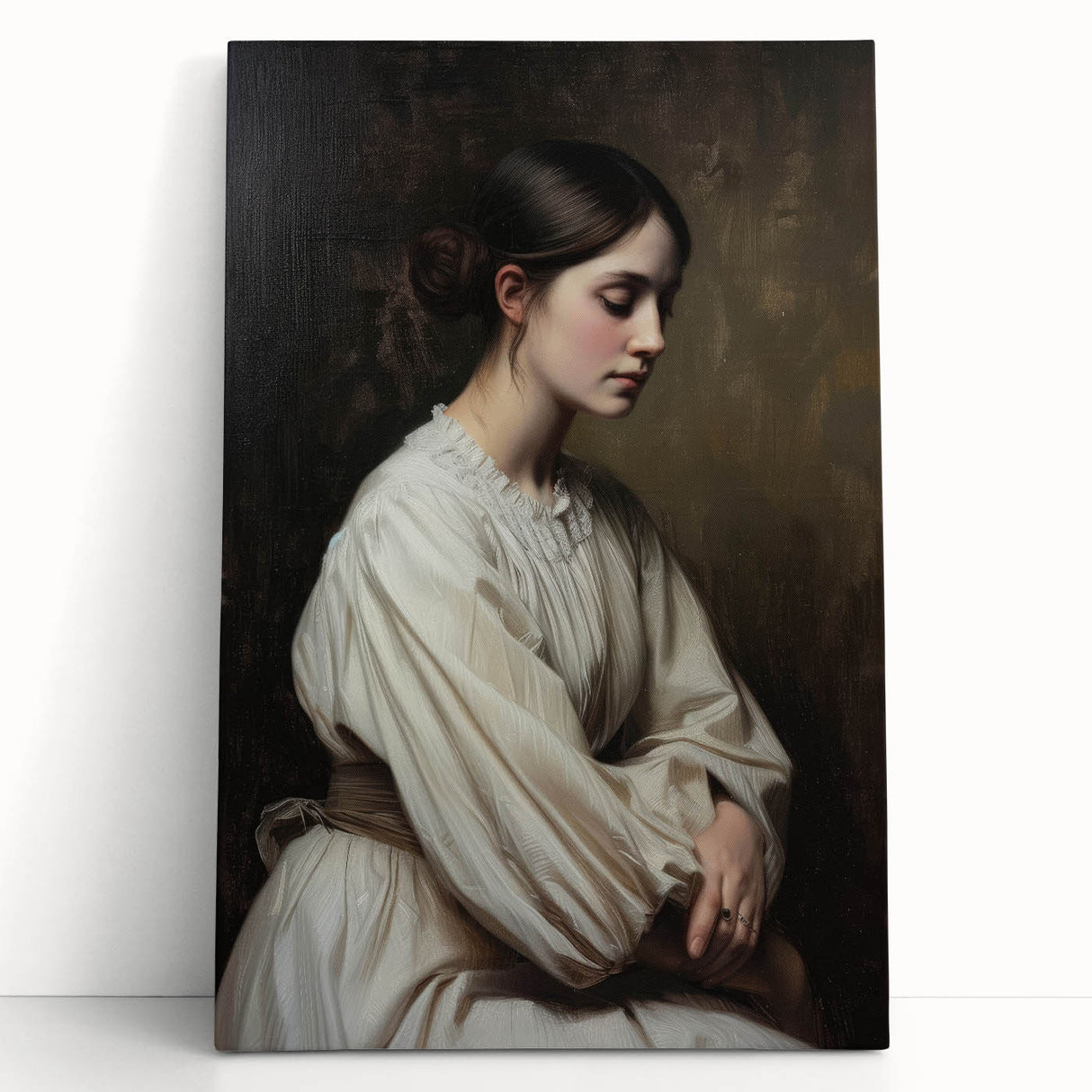 Abstract figurative stretched canvas artwork showcasing vibrant colors and dynamic shapes, leaning against a white wall, perfect for modern interior decor.