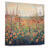 Abstract floral acrylic artwork displayed on clear glass, showcasing vibrant colors and intricate details, perfect for modern decor. This side view highlights the piece's sleek design without visible pins, enhancing its contemporary aesthetic.