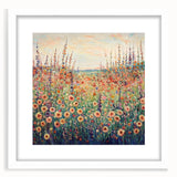 Abstract floral artwork framed with a white mat, showcasing vibrant colors and intricate designs, ideal for enhancing modern home decor.