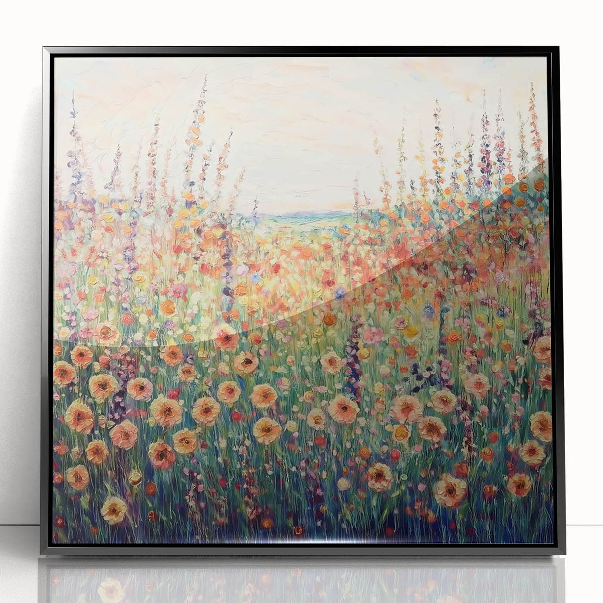 Framed acrylic artwork showcasing an abstract floral design in vibrant colors, set against a sleek black background, perfect for modern home decor.