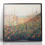 Framed acrylic artwork showcasing an abstract floral design in vibrant colors, set against a sleek black background, perfect for modern home decor.