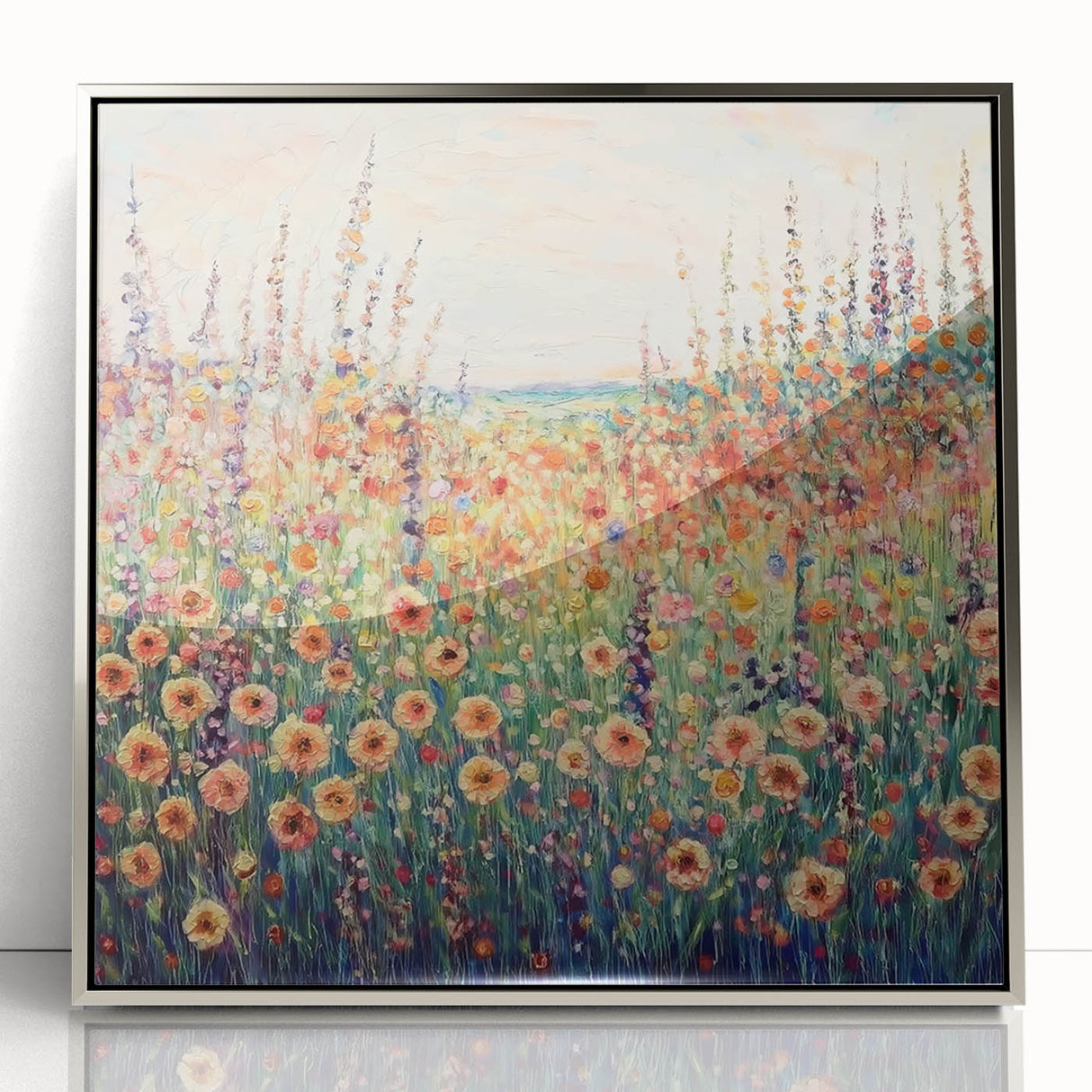 Framed acrylic artwork showcasing an abstract floral design in silver tones, elegantly displayed against a white background, perfect for modern home decor.