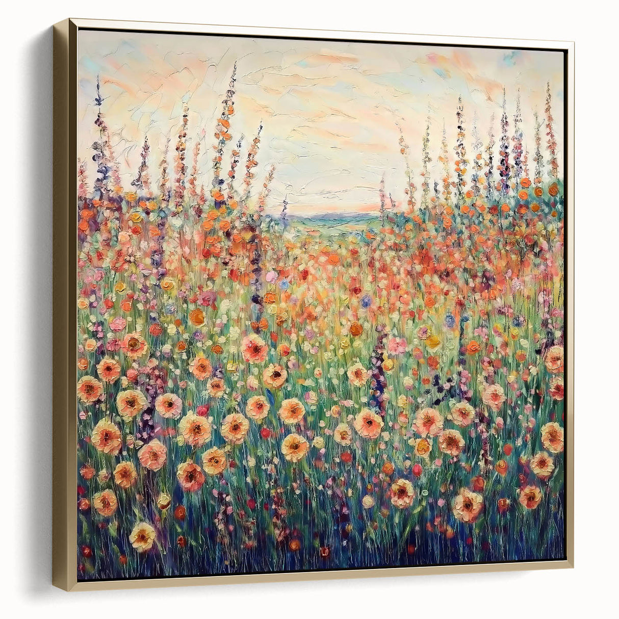 Framed canvas artwork showcasing an abstract floral design in silver and gold tones, elegantly displayed against a neutral background, ideal for modern home decor.