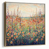 Framed canvas artwork showcasing an abstract floral design in silver and gold tones, elegantly displayed against a neutral background, ideal for modern home decor.