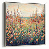 Framed canvas artwork showcasing an abstract floral design with vibrant colors, elegantly displayed in a sleek silver frame, perfect for modern decor.