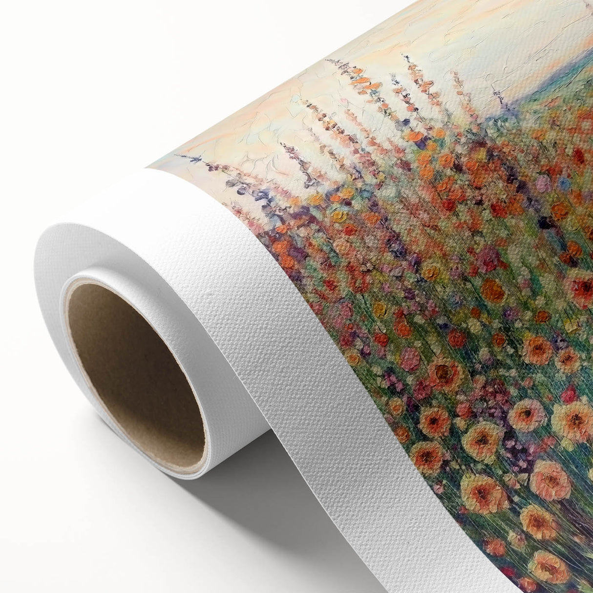Abstract floral design on rolled canvas showcasing vibrant colors and intricate patterns, ideal for home decor or artistic display, packaged securely for protection.