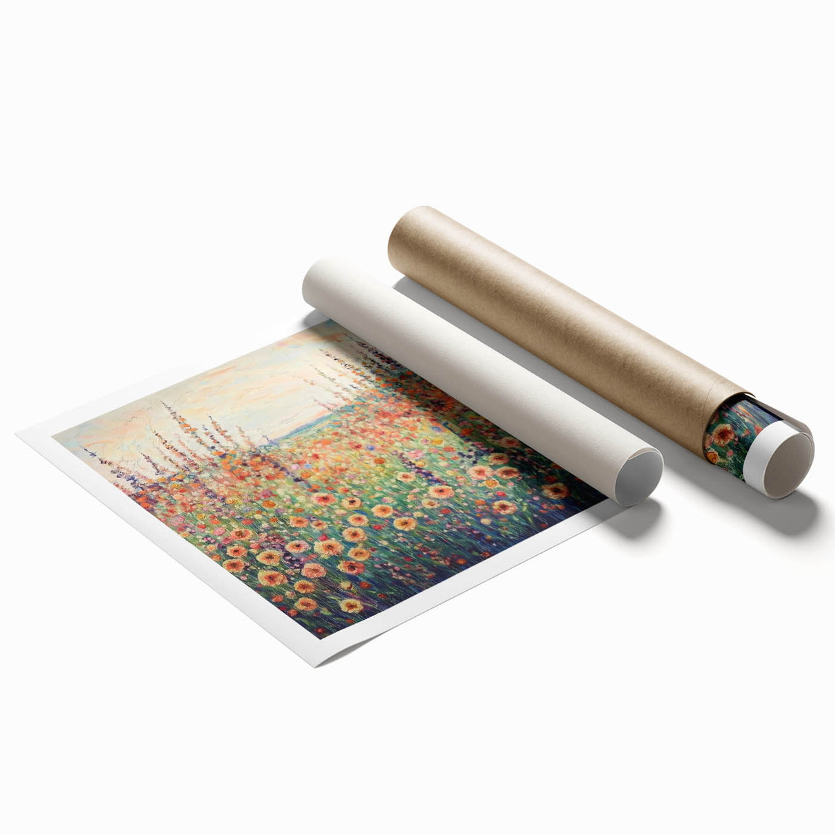 Abstract floral print on rolled canvas showcasing vibrant colors and intricate details, ideal for home decor or art display, packaged in a protective tube.