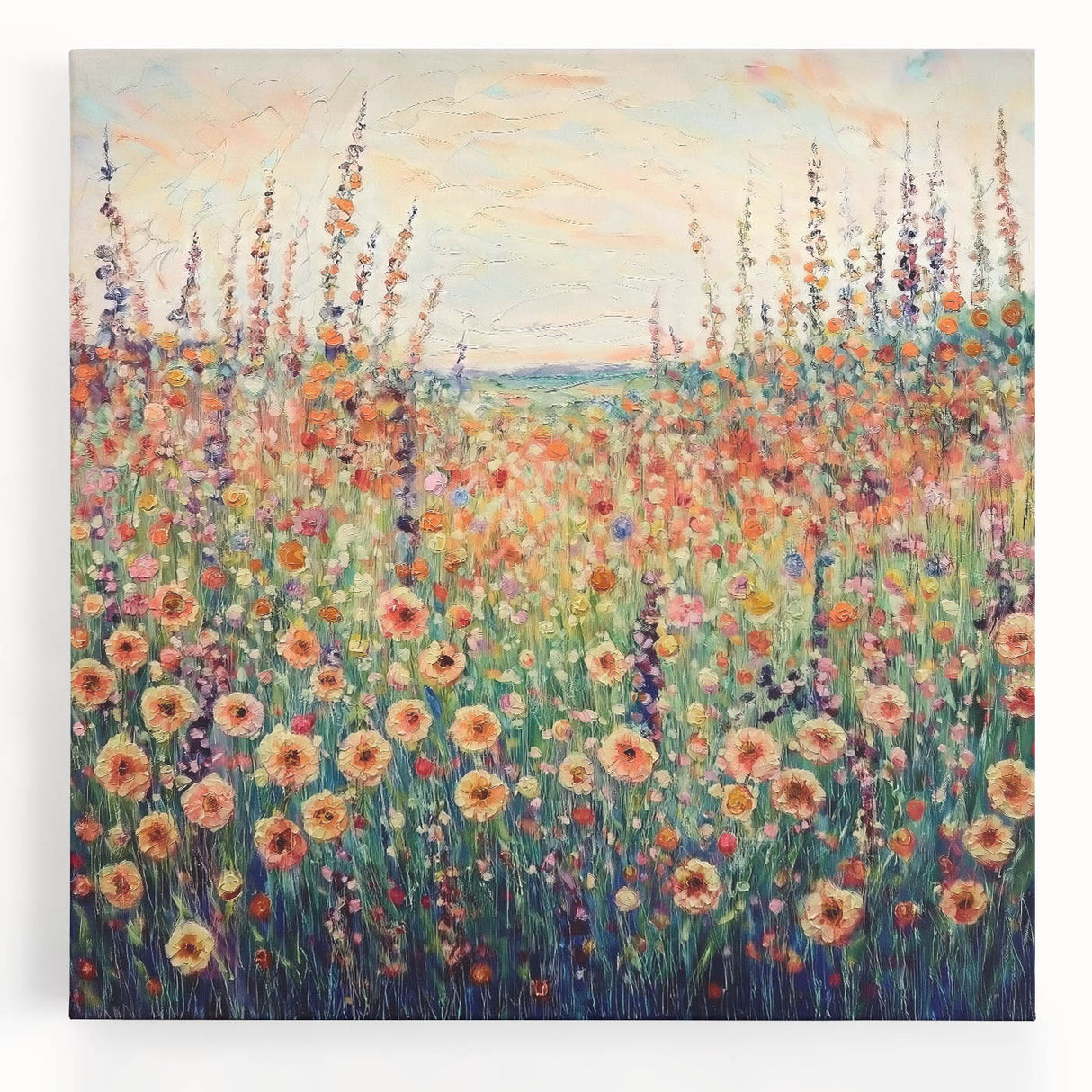 Abstract floral canvas artwork showcasing vibrant colors of pink, blue, and green, elegantly stretched for wall display, perfect for modern home decor.