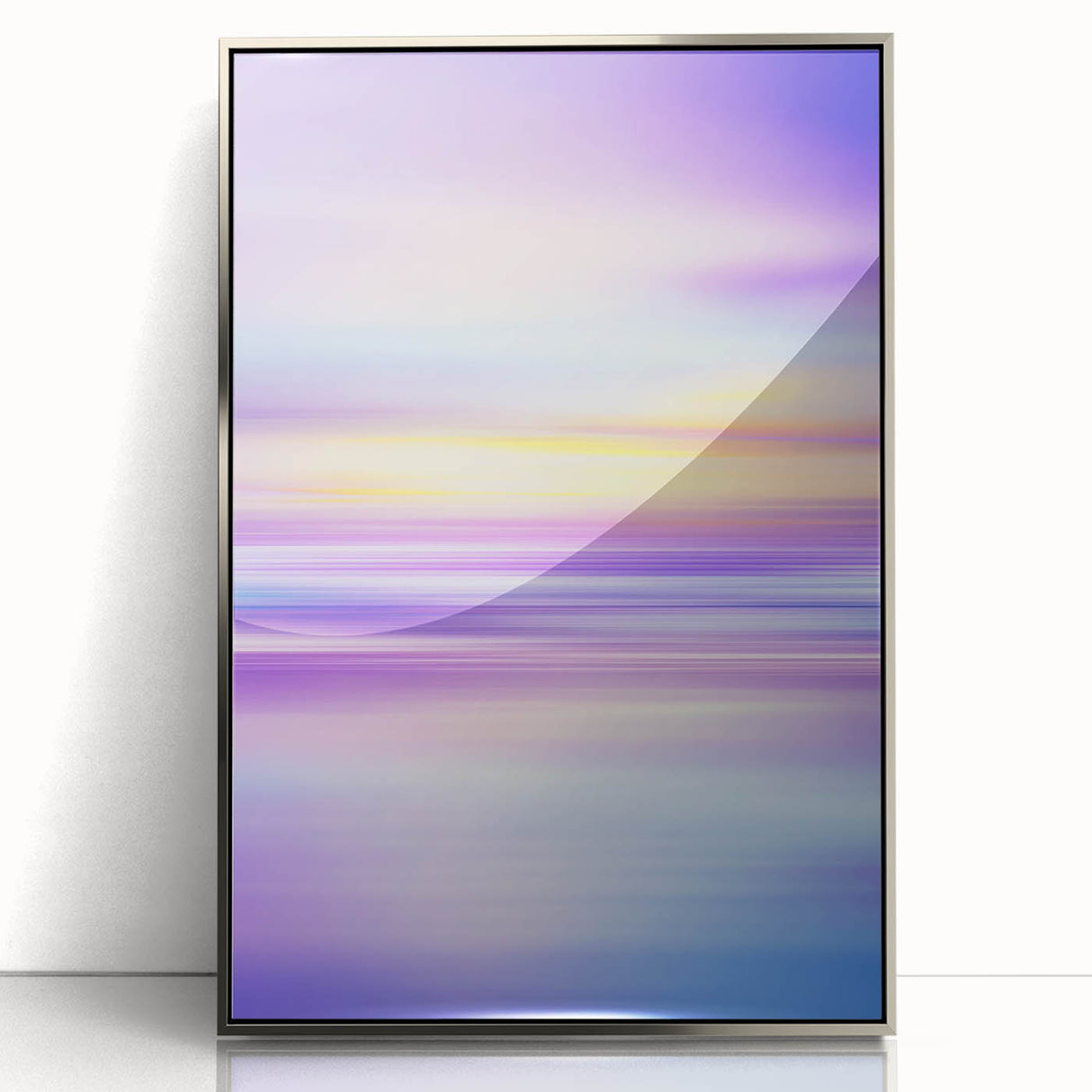 Framed abstract landscape artwork in silver acrylic, showcasing vibrant colors and fluid shapes, perfect for modern home decor and enhancing interior spaces.