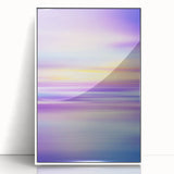 Framed acrylic artwork showcasing an abstract landscape in a serene color palette of blues and greens, presented in a sleek white frame, perfect for modern decor.