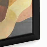 Close-up of a framed abstract minimalist wall art piece, showcasing soft pastel colors and geometric shapes, perfect for modern home decor.