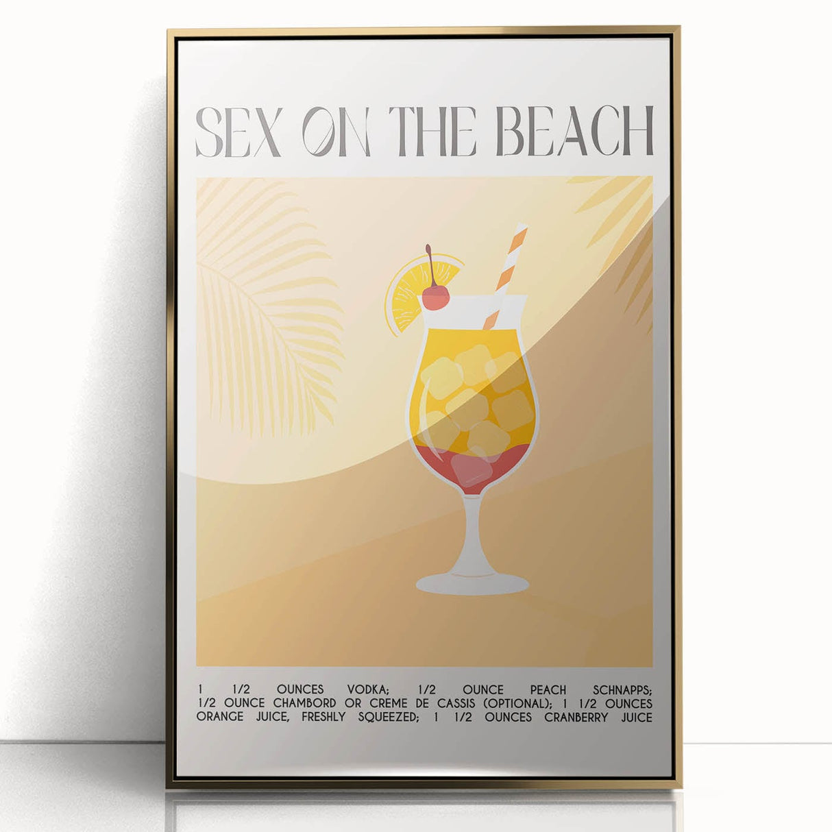 Large art print of a mid-century modernist food and drinks theme in gold tones on framed acrylic.