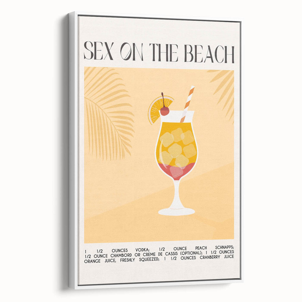 Vintage poster art of colorful food and drinks on a white framed canvas, ideal for extra large living room wall decor.