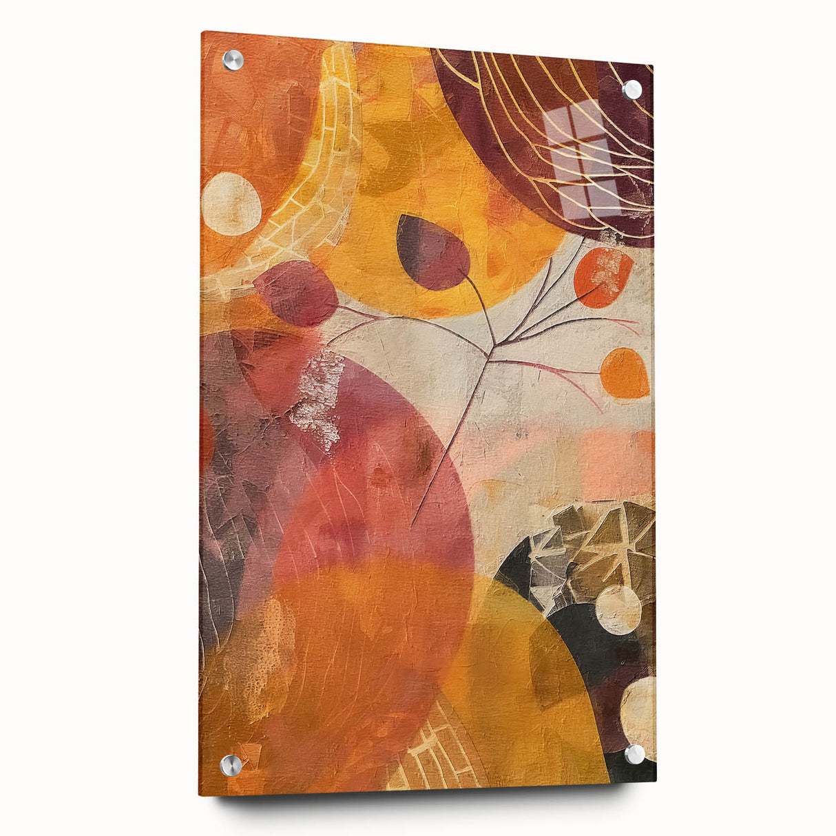 Large abstract wall art depicting the fall season in warm orange and red tones on acrylic glass.