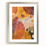 Textured abstract art print displaying autumnal hues in a silver frame, suitable for enhancing a bedroom's decor.