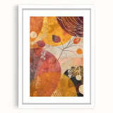 Abstract art print featuring warm autumnal hues on a white framed canvas, ideal for dining room decor.