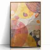 Large acrylic print of a mid-century modernist fall scene in gold and orange tones, suitable for modern art wall decor.