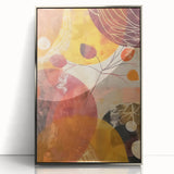 Mid-century modernist art depicting an abstract fall scene in orange and brown tones, silver-framed acrylic print.
