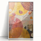 Art deco poster featuring a minimalist fall scene in muted orange and brown tones, acrylic print in a white frame.