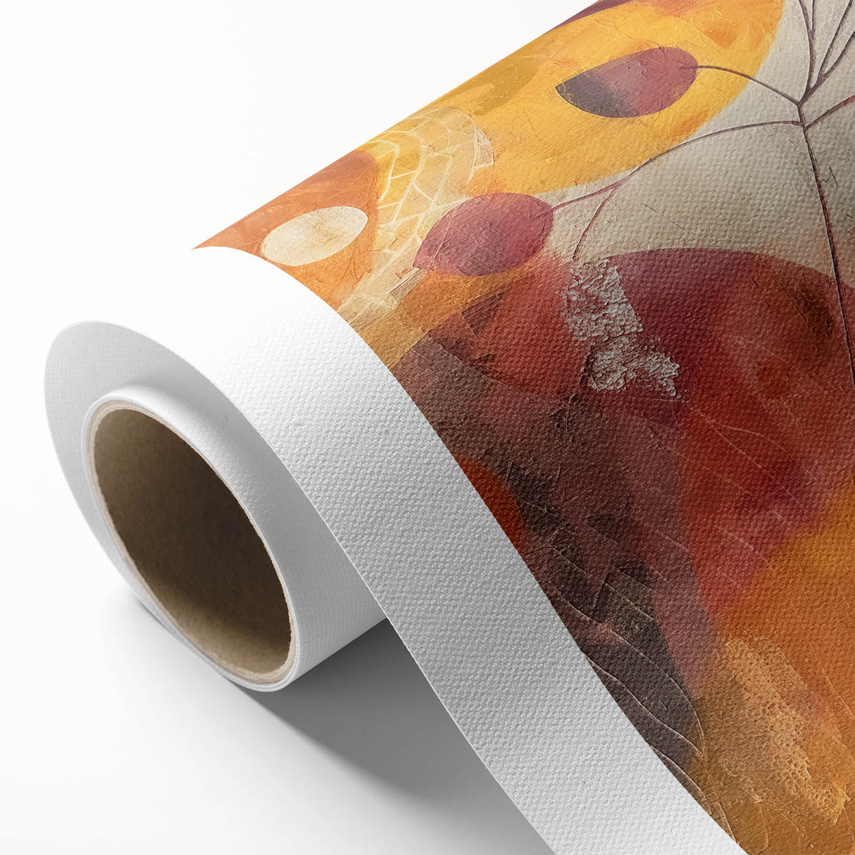 Art Deco poster depicting autumn trees in muted oranges and yellows on rolled canvas, suitable for nursery wall art.