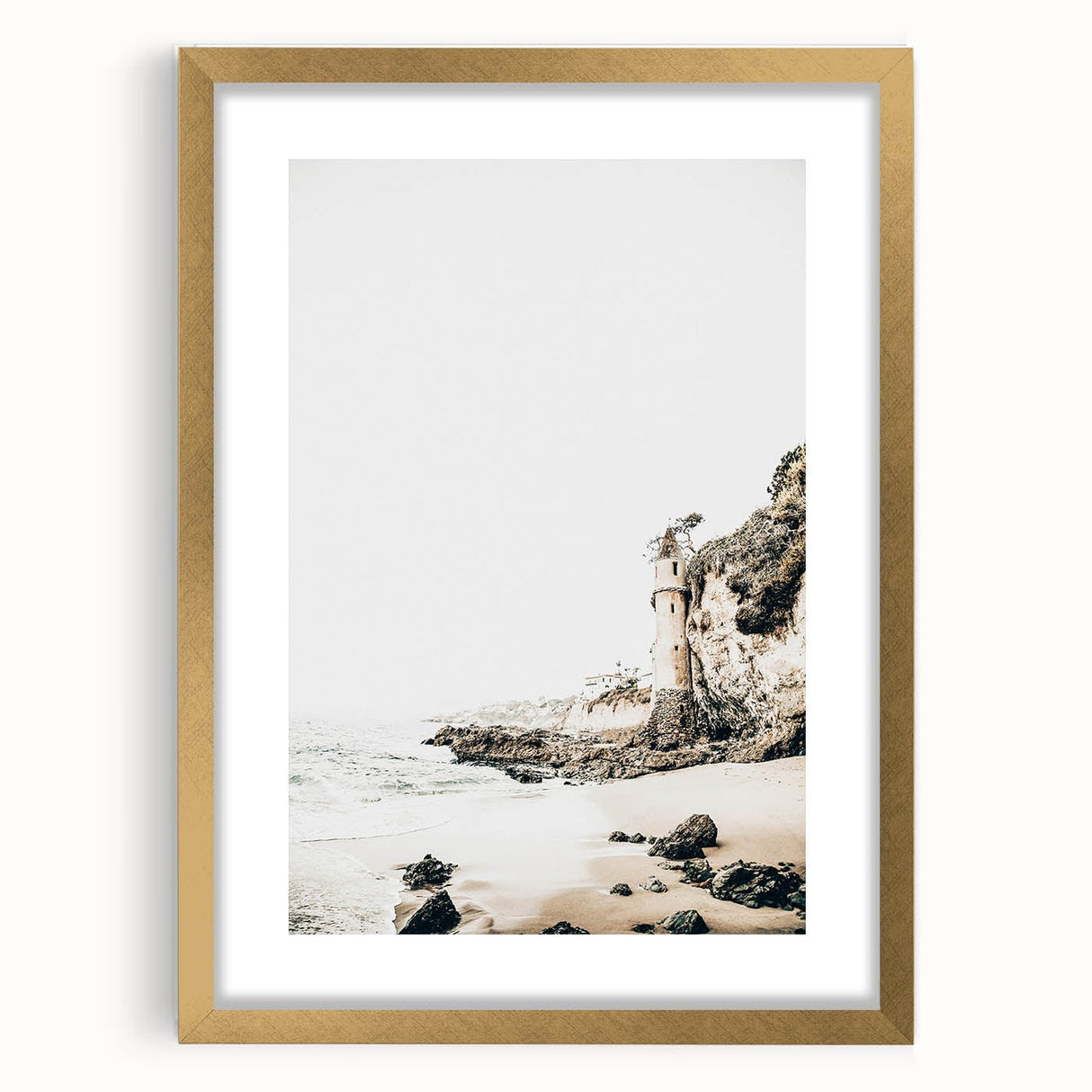 Extra large abstract art print featuring textured waves in gold and white tones on a framed canvas.