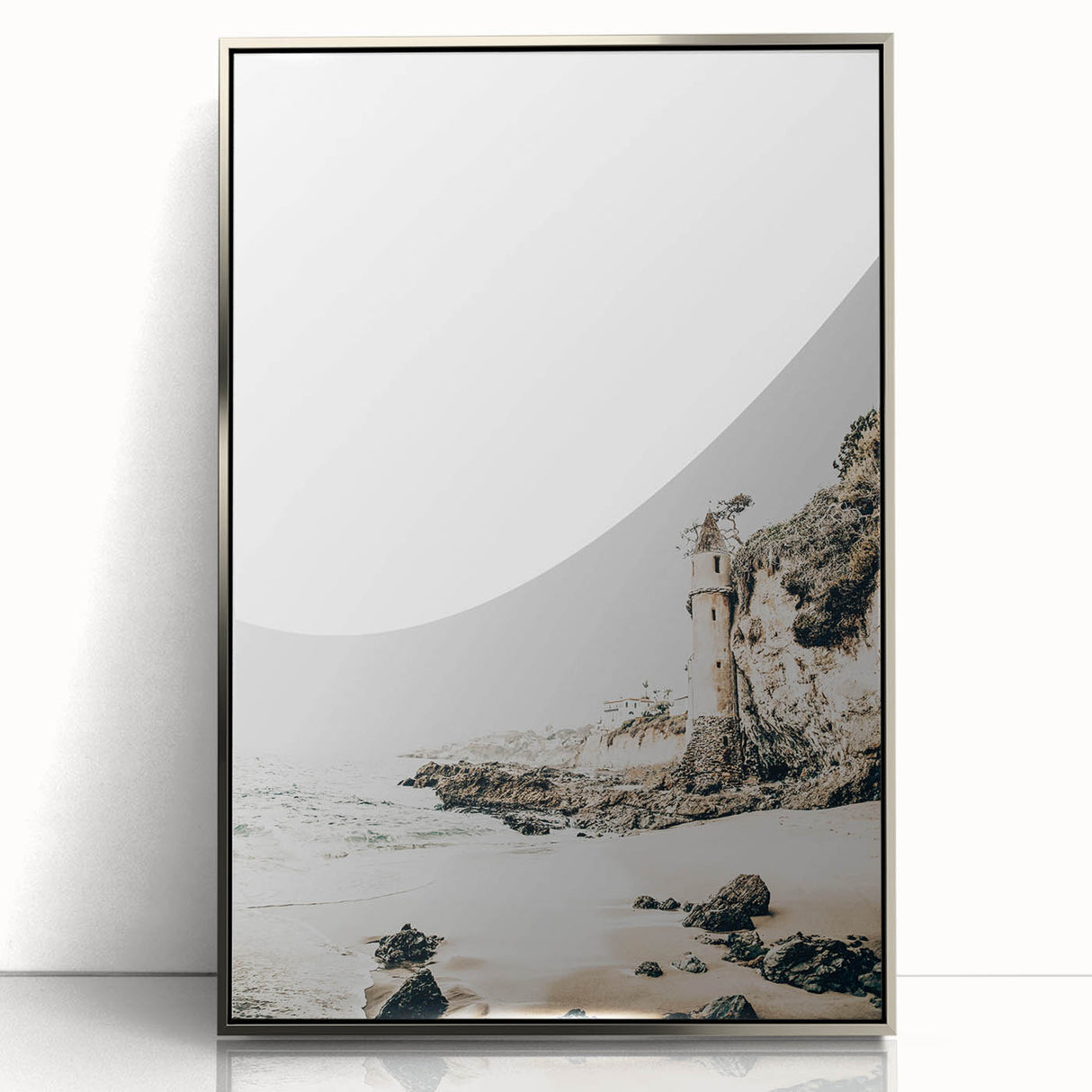 Mid-century modernist art depicting a summer scene in pastel shades, framed in silver acrylic, ideal for nursery wall art.