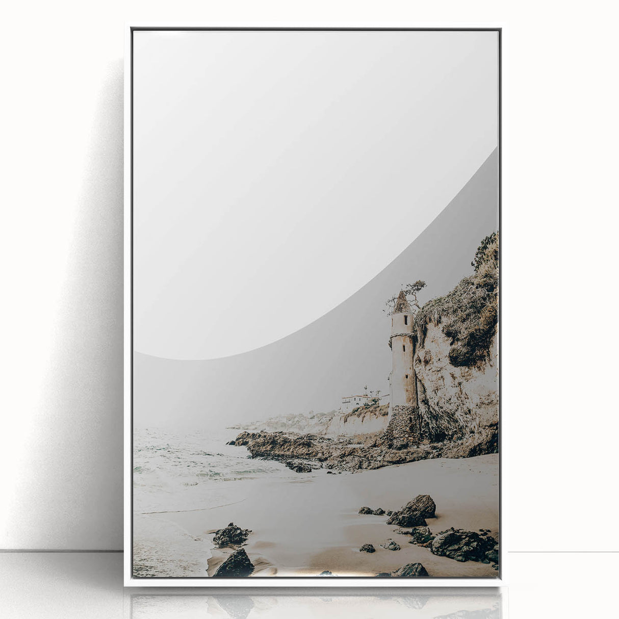Art deco poster featuring a stylized summer scene in pastel shades, framed in white acrylic, ideal for nursery wall art.