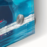 Close-up of an acrylic glass artwork depicting intricate landscapes and caves, showcasing vibrant colors and detailed textures, perfect for modern decor.