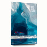 Acrylic glass artwork depicting a vibrant landscape scene with intricate cave details, mounted on a side view display and secured with pins, perfect for modern decor.