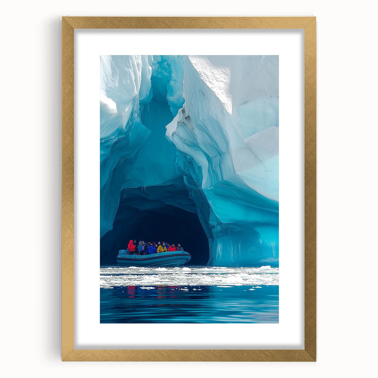 Elegant gold-framed landscape art print showcasing a serene cave scene, complete with a white mat for added depth, ideal for enhancing any interior decor.