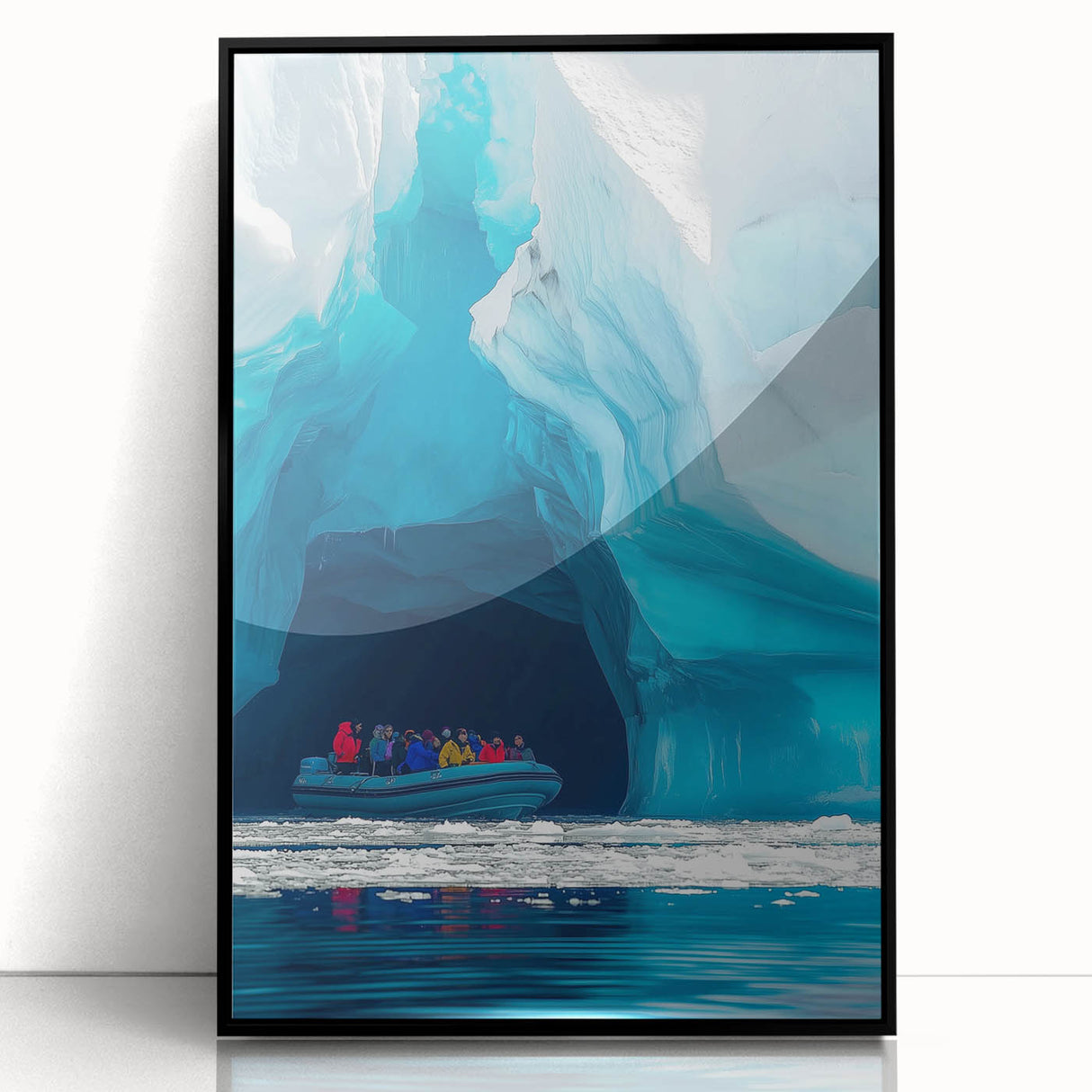 Framed acrylic art print showcasing a stunning cave landscape design with rich colors and intricate details, presented in a sleek black frame, perfect for home decor.