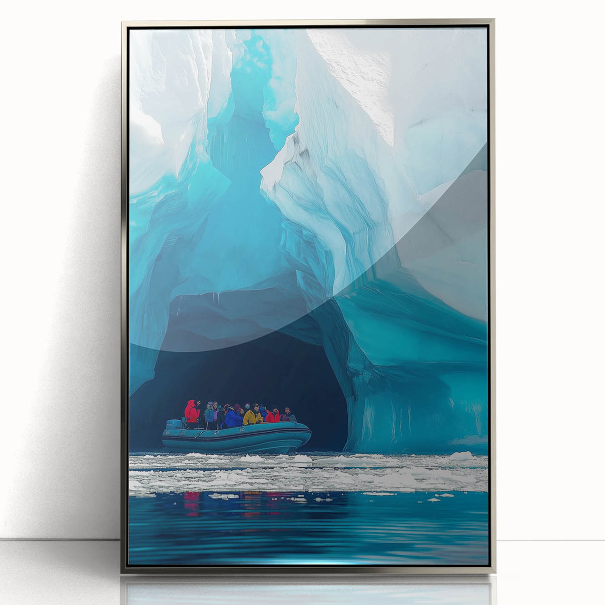 Framed acrylic artwork showcasing a stunning landscape with vibrant colors and intricate cave details, elegantly presented from a front view, perfect for home decor.