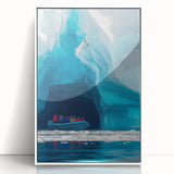 Framed acrylic artwork showcasing a serene landscape of caves, featuring natural earth tones and a sleek white frame, perfect for modern home decor.