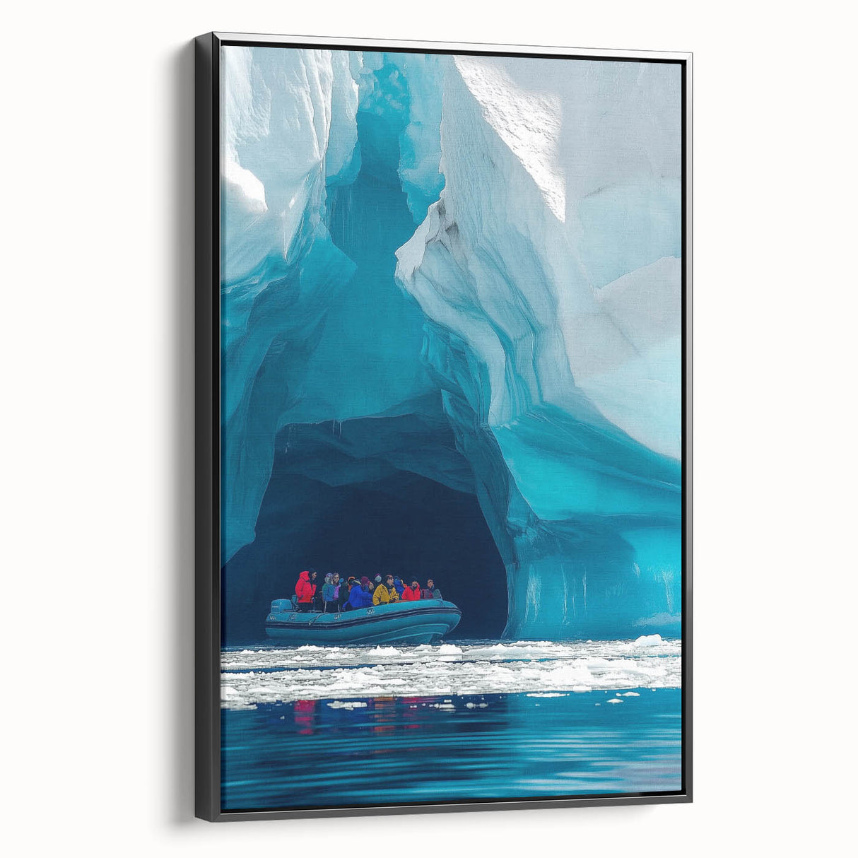 Framed canvas artwork showcasing a stunning cave landscape design with black sides, ideal for home decor, adding a modern touch to any room.