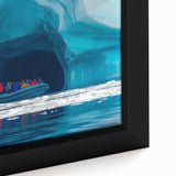 Close-up of a framed canvas artwork showcasing a vibrant landscape with intricate cave designs, featuring rich colors and detailed textures, perfect for home decor.