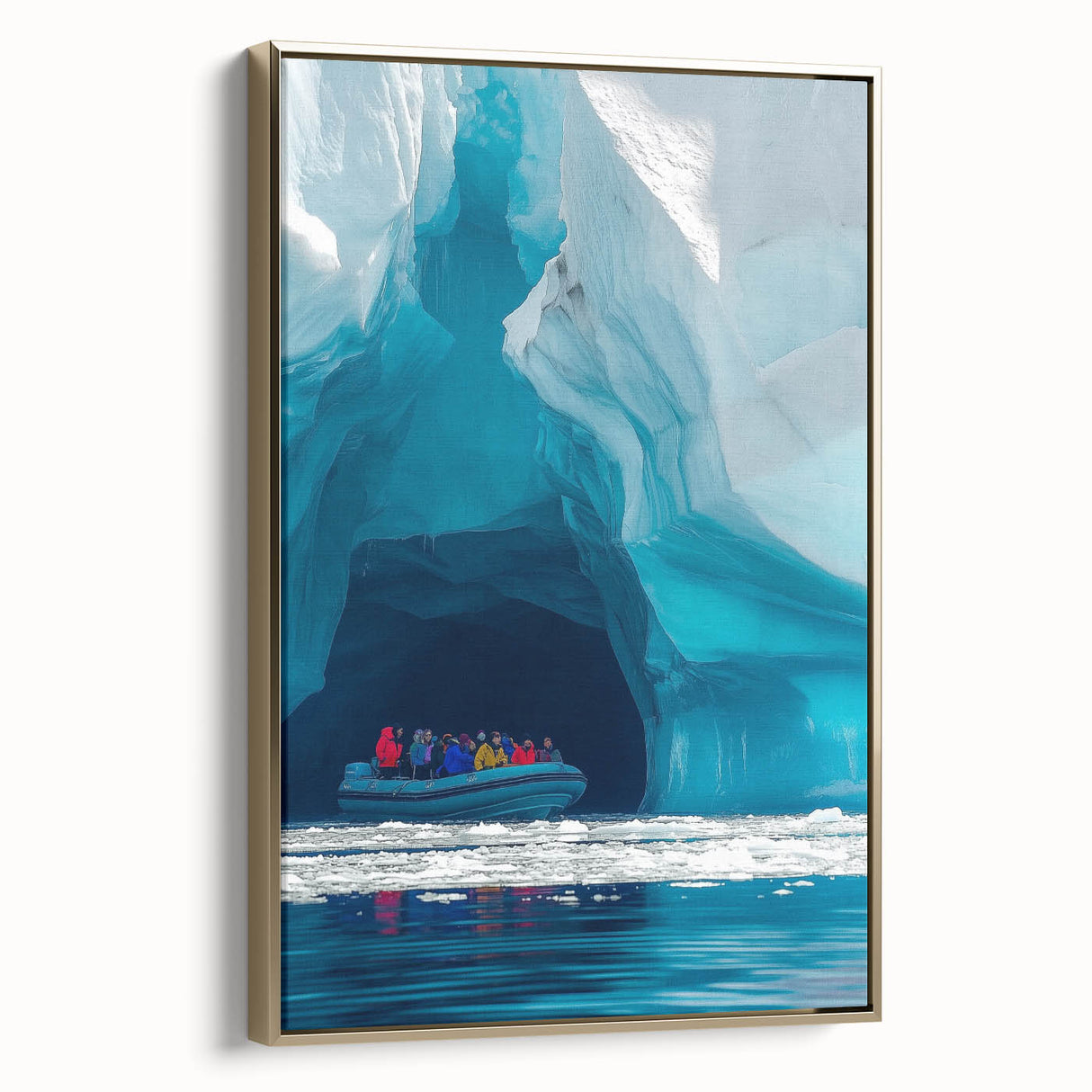 Framed canvas artwork showcasing a stunning landscape with cave formations, highlighted by a luxurious gold frame, perfect for enhancing modern home decor.
