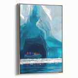 Framed canvas artwork depicting a stunning landscape with intricate cave details, featuring a sleek silver border that enhances its modern aesthetic. Ideal for home decor and art enthusiasts.