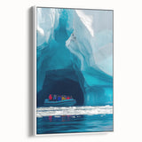 Framed canvas artwork depicting a stunning landscape scene with caves, featuring a white border and showcasing rich natural colors. Ideal for home decor.