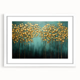 Golden Trees on Teal – Modern Large Wall Art for Living Room
