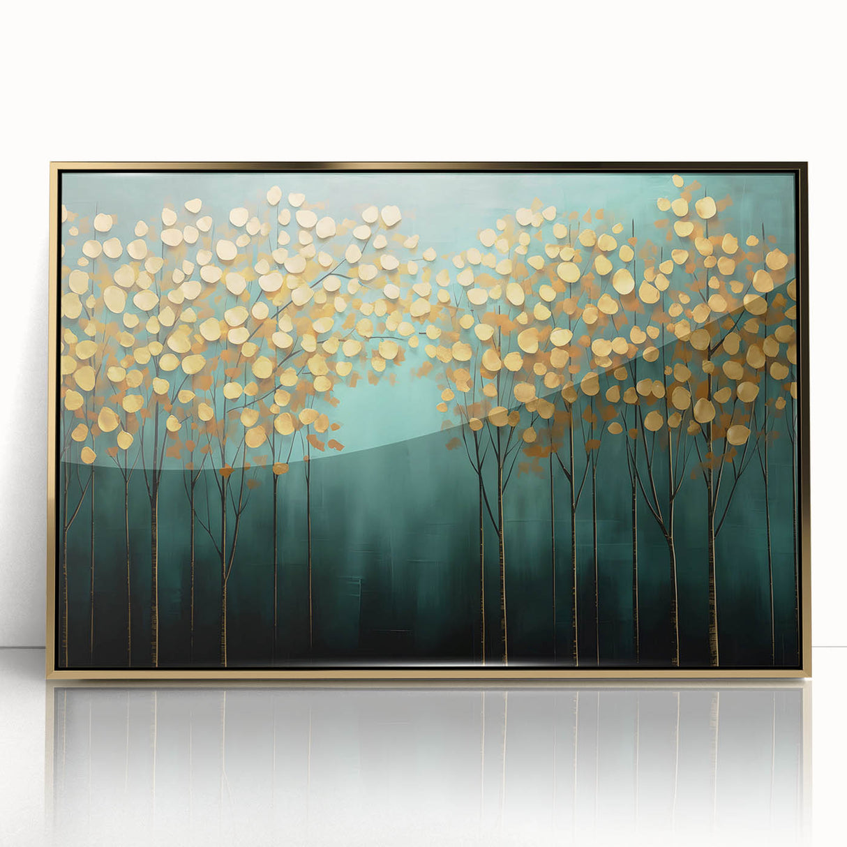 Golden Trees on Teal – Modern Large Wall Art for Living Room